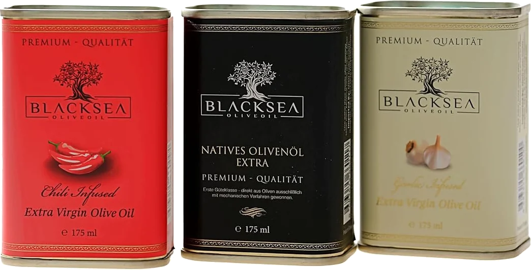 Blacksea Oliveoil 175 ml teneke serisi — Chili, natürel sızma ve sarımsak