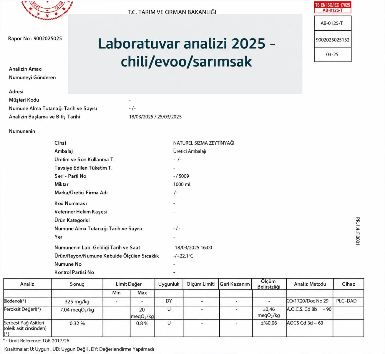 Laboratuvar analizi 2025 — chili/evoo/sarımsak